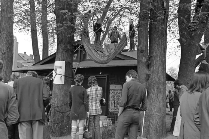 Kungsträdgården, May 1971. Demonstrations against the felling of the elms. Photo: Lennart af Petersens (CC BY 4.0)