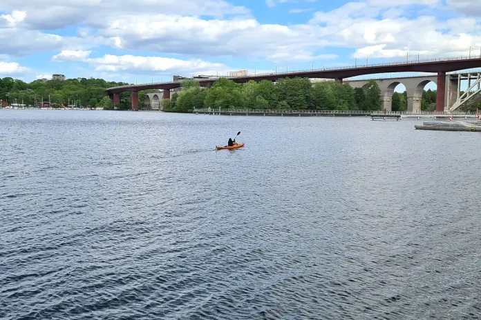 Årstaviken, Årstabron, and a kayak. View towards Södermalm. Photo: IngimarE (CC BY-SA 4.0)