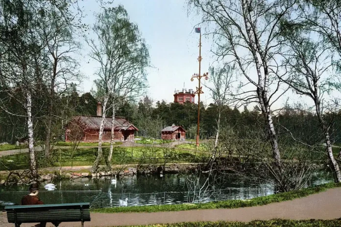 View from Skansen, ca. 1890-1900. Hand-colored photograph. (Public domain)