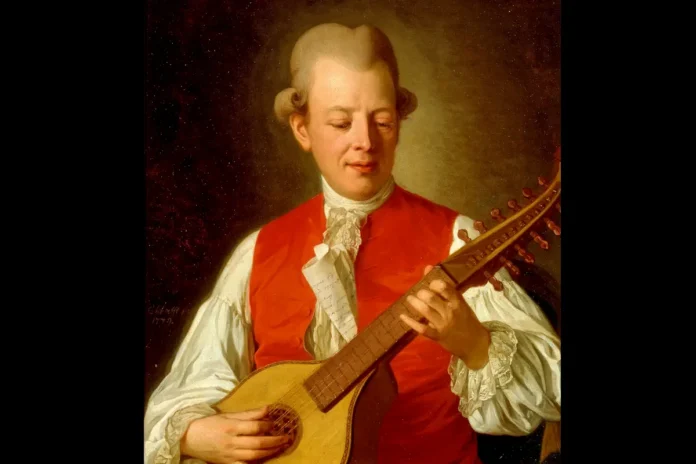 Poet and composer Carl Michael Bellman, dressed in the traditional Swedish court attire, is depicted playing the cittern. Artist: Per Krafft the Elder, 1779 (Public domain)