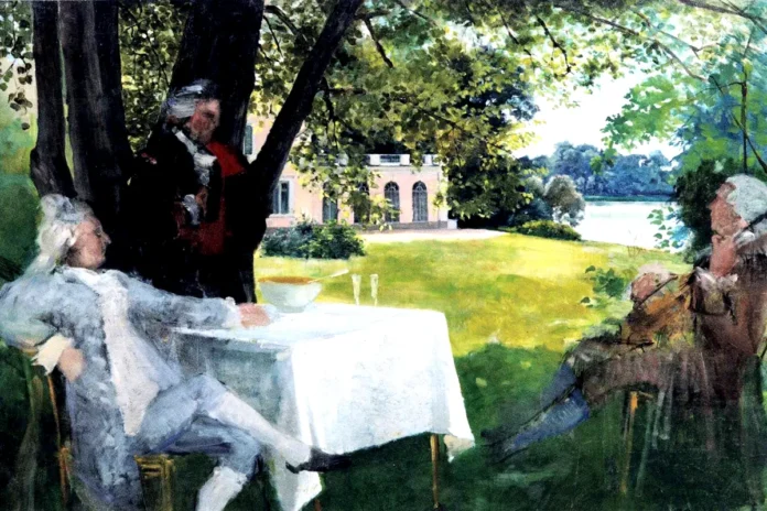 Albert Edelfelt's sketch for a painting shows Carl Michael Bellman playing the lute for King Gustav III. In the background, Gustav III's pavilion can be seen. (Public domain)