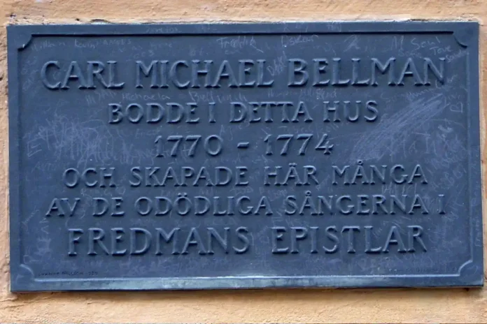 Urvädersgränd 3 on Södermalm, central Stockholm, where Bellman lived from 1770 to 1774. It is sometimes open to the public. Photo: Olaf Meister (CC BY-SA 3.0)