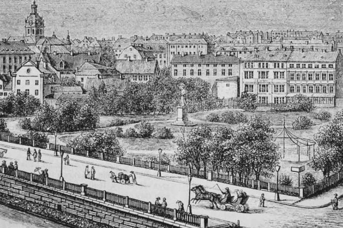 Nybron and Berzelii park. Illustration from the 1850s.