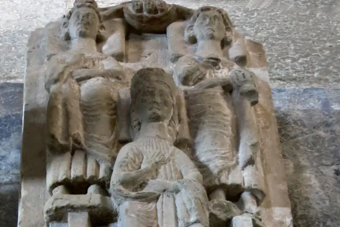 The Mechtild Stone from 1250 with Birger Jarl, Mechtild of Holstein, and Duke Erik Birgersson, at Varnhem Abbey Church. Photo: Bert Hoflund (CC0)