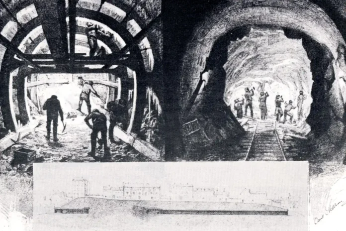 Brunkeberg Tunnel being built, Stockholm, illustration 1886. Photo: Axel Ekblom (Public domain)