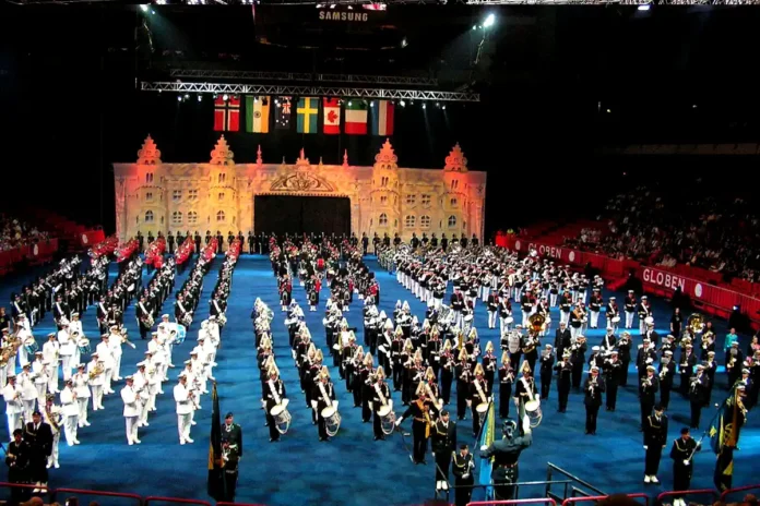 All participating military bands at the Swedish Military Tattoo in Globen, Stockholm. Photo: User:Tubaist (CC BY-SA 3.0)