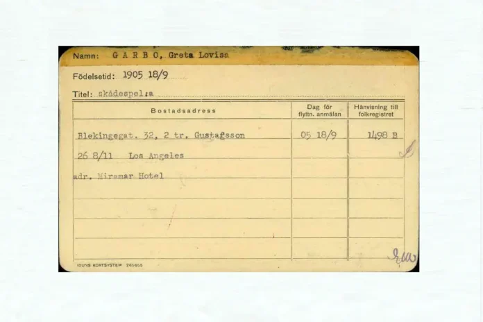 Address card for actress Greta Garbo, from the Census Office's address card register. Greta Garbo is listed at the address Blekingegatan 32 from her birth in 1905 until the age of 21. On November 8, 1926, the address Miramar Hotel in Los Angeles was registered on the card. Photo: Stockholms stadsarkiv (CC-BY)