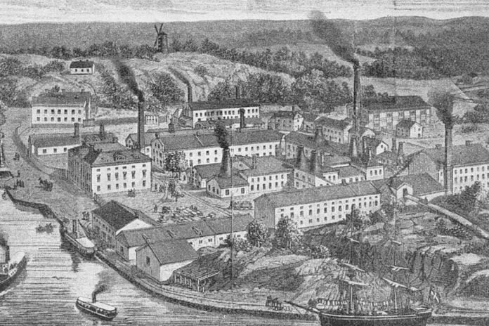 Gustavsbergs Porslinsfabrik around 1870. Public domain.