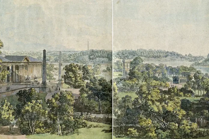 Illustration by Louis Jean Desprez of Haga's planned and existing buildings, circa 1791. On the left is the Great Haga Castle, which was never completed. Photo: Nationalmuseum/Public domain