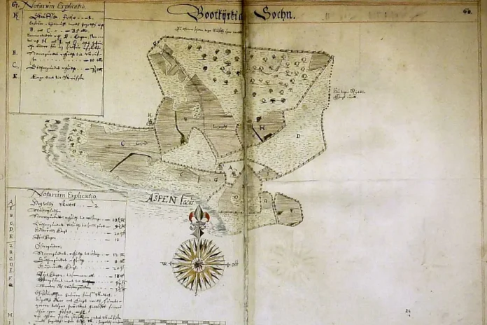 Hågelby Skrävsta, map from 1636. Photo: Sven Månsson - Lantmäteriet (Public domain)