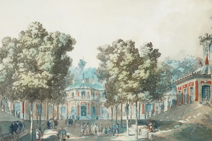 Watercolor drawing by Desprez depicting 'View of the Chinese Pavilion.' Executed around 1788. Artwork: Louis Jean Desprez/Public domain