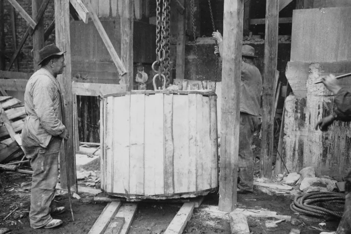 Construction of the Concert Hall in Stockholm 1924, column segment being lifted, weight 3300 kg. (Public domain)