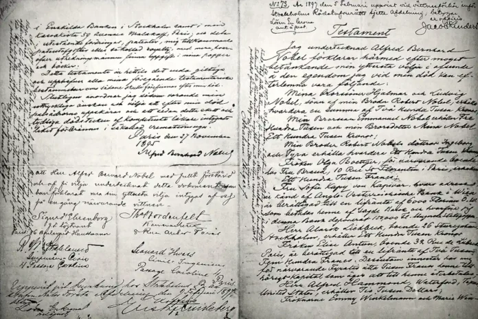 Alfred Nobel's will, which stated that 94% of his total assets should be used to establish the Nobel Prizes. Photo: Prolineserver (talk) (Public Domain)