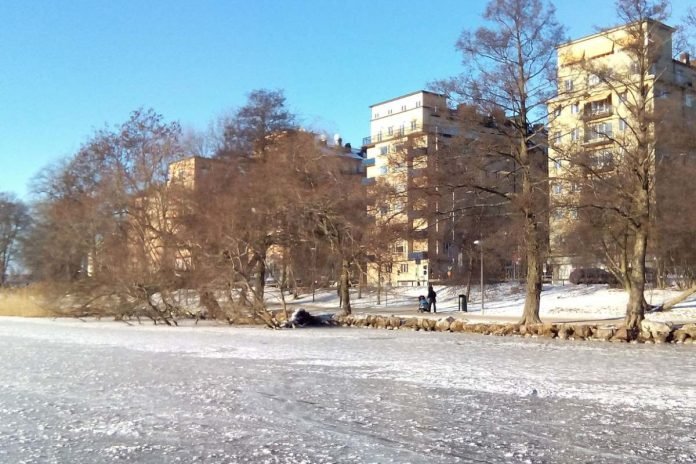 Norr Mälarstrands waterfront promenade seen from the ice on Riddarfjärden.