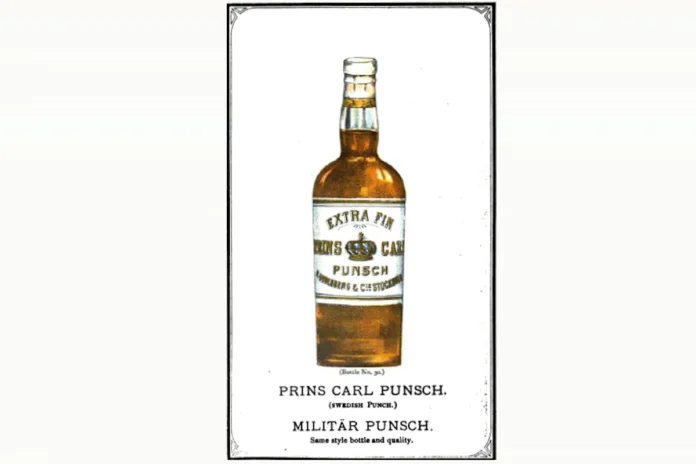 A bottle of Prins Karl Punsch from 1891. The advertisement also promotes Militär Punsch. Photo: Public domain