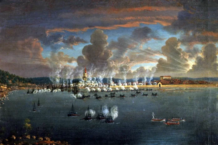 The Swedish Archipelago Fleet under Gustav III's personal command attacking Fredrikshamn on May 20, 1790. Photo: Johan Tietrich Schoultz (Public Domain)