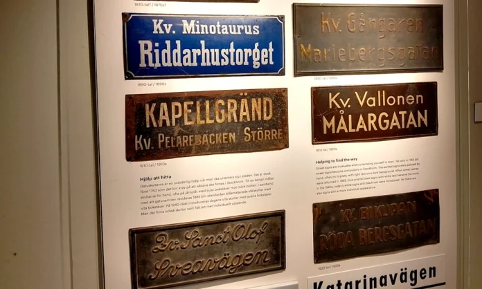 Street signs at the Stockholm City Museum. Signage in Stockholm has changed over the centuries. Photo: © StockholmMuseum.com