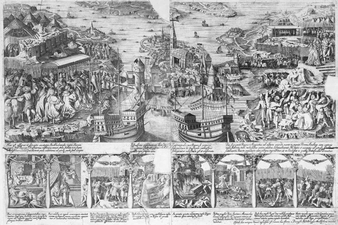 Engraving of the Bloodbath painting in uncolored print. Stockholm is shown facing west with present-day Södermalm on the left and present-day Norrmalm on the right.