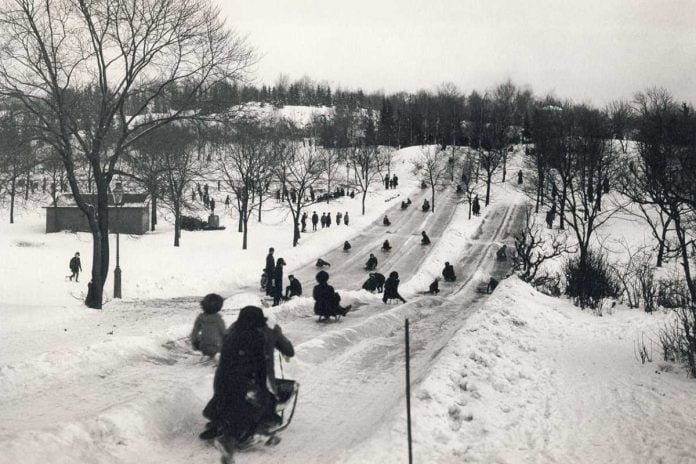 Children and adults sledding in Tantolunden, Stockholm, winter 1917.