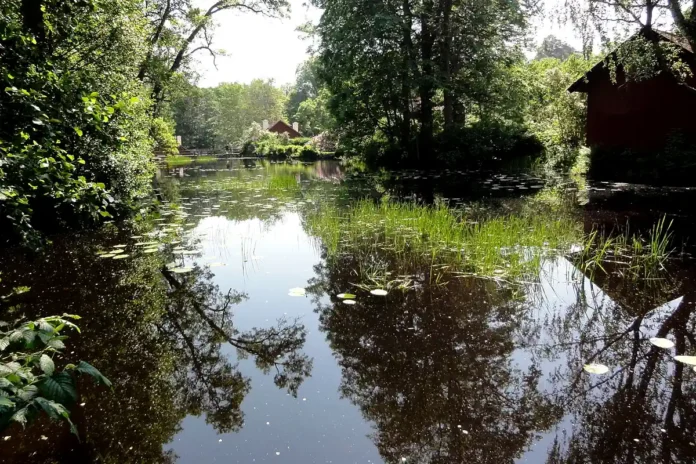 The pond, with the Storsmedjan forge in the background at the lower waterfall. Photo: LittleGun (CC BY-SA 3.0)